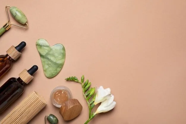 Vista superior del arreglo de gua sha y productos para el cuidado _ Foto Gratis